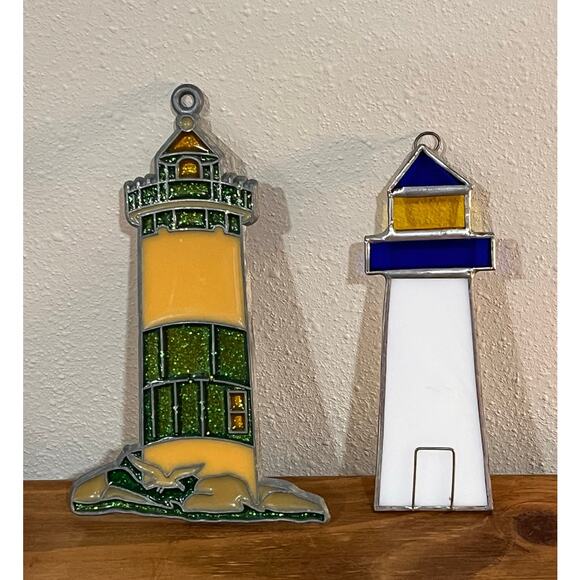 Lot of 2 Lighthouse Ornaments Stained Glass & Glitter Resin Coastal Beach Decor - Picture 2 of 7